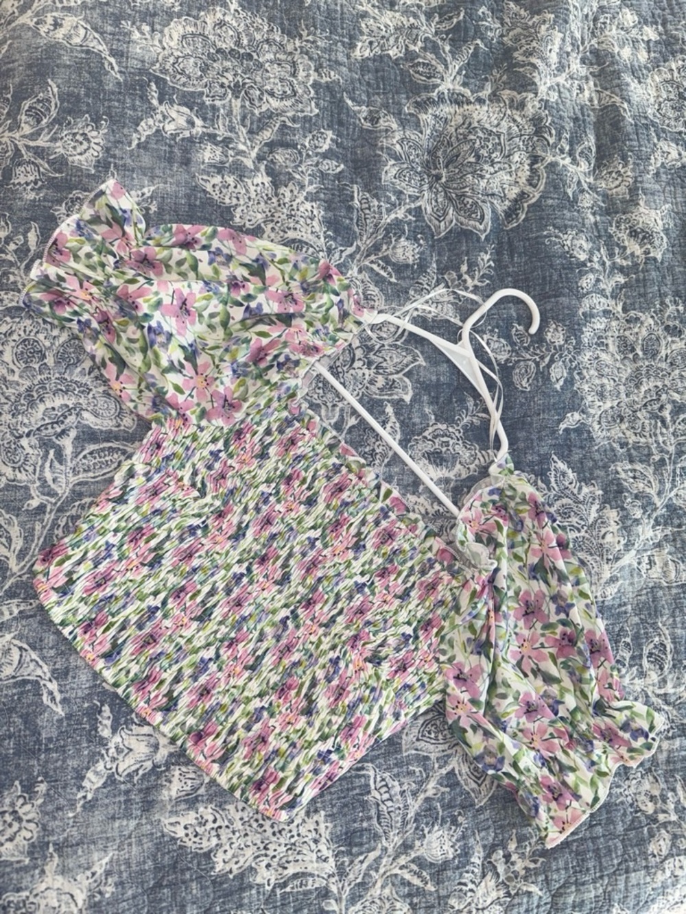 Smocked Floral Off-Shoulder Crop Top - lavender & Green